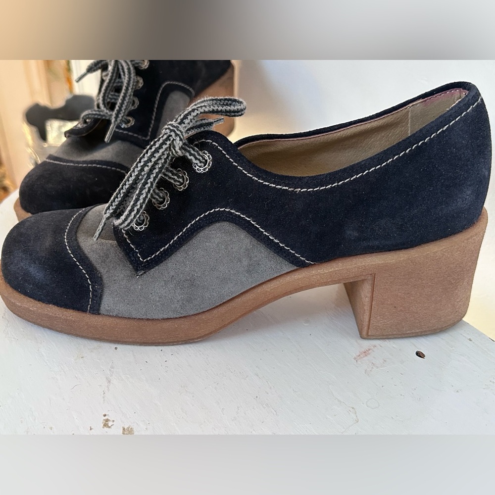 Ricosta Retro Disco Platform Shoes Blue Gray Two Tone Chunky Heel